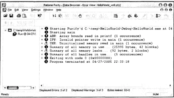 Figure 2-10 : Capture d'écran du résumé des erreurs de DebugTest [IBM Software, 2003]