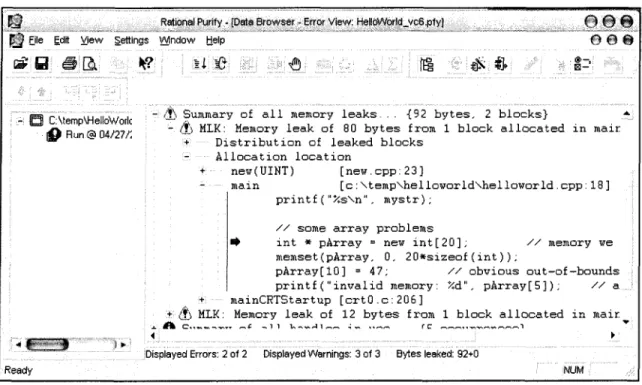 Figure 2-11 : Capture d'écran pour les détails des erreurs de DebugTest [IBM Software, 2003]