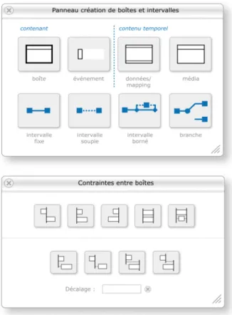 Figure 5. Version 3 de  la  maquette de principe :  panneau  de  création  de  boîtes  et  intervalles  et  panneau contraintes entre boîtes 