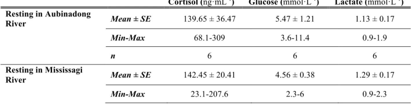 Table 1 Concentrations in plasma cortisol (ng·mL -1 ), blood glucose (mmol·L -1 ) and blood lactate  (mmol·L -1 )  of  fish  originating  from  Mississagi  River,  following  a  24  hours  resting  period  in  either Aubinadong or Mississagi rivers