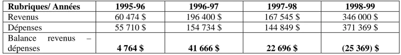 Tableau 4 : Bilan financier de VSMS de 1995-1996 à 1998-1999 