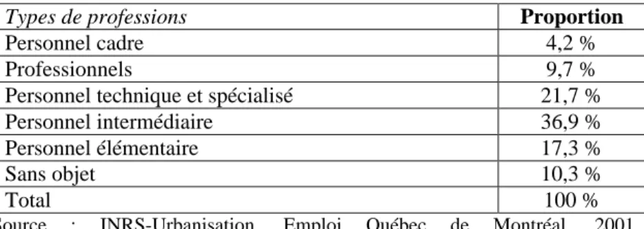 Tableau 11 : Structure des professions de la population du CLE de Saint-Michel (1996)