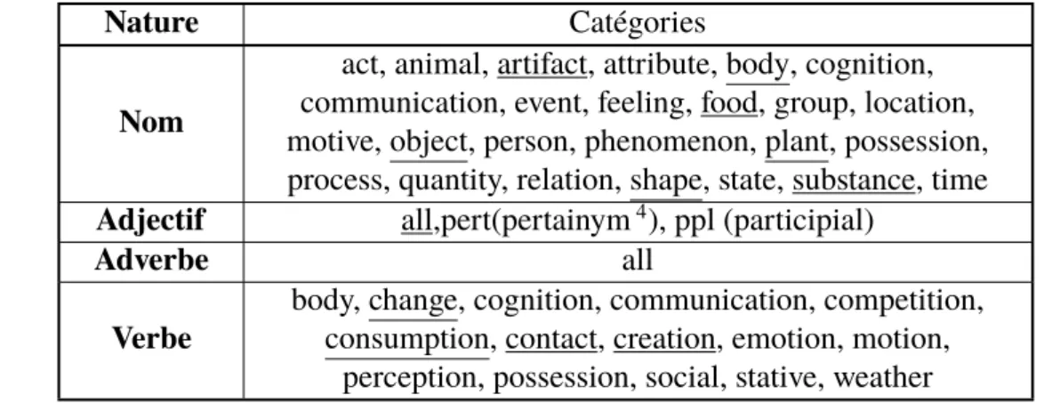 Table 3.2 – Ensemble des sous catégories de WordNet par nature. Les catégories utilisées dans nos travaux ont été soulignées