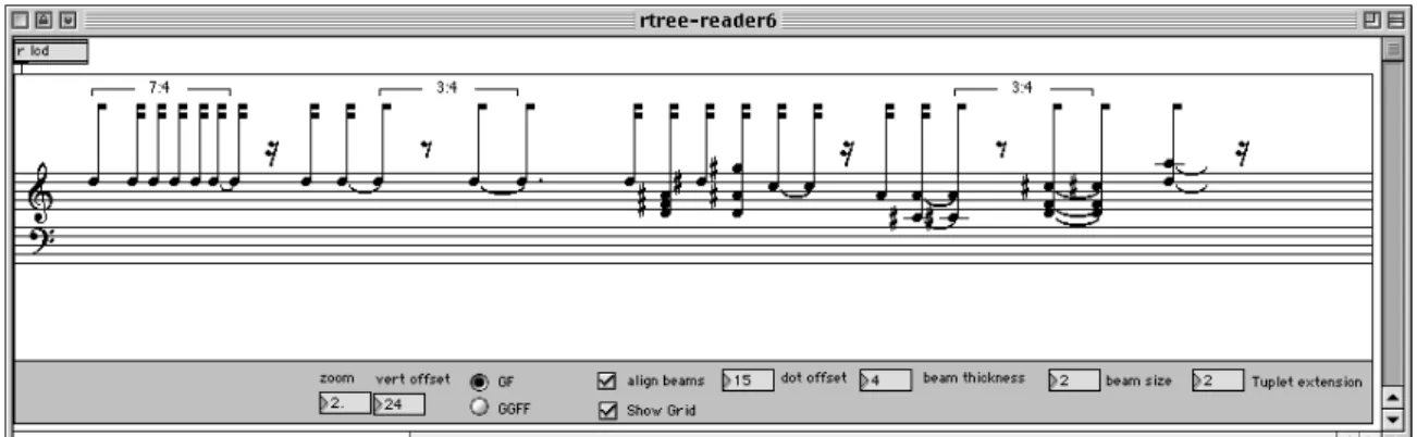 Figure 5. Exemple d’un Patch Max appartenant à une bibliothèque en développement dans le cadre de ce travail, permettant la visualisation et l’édition de la notation musicale.