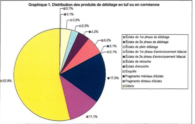 Graphique 1. Distribution des produits de débitage en tuf ou en coméenne I-QO.1% 0 53.9% Q 3.9% • 2.5% • 4.2% a 6.5% • 0.1%DO.1% • 17.5%