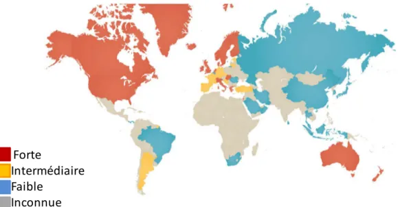 Figure 8 : La prévalence mondiale de MICI en 2015. Les pays en rouge présentent une prévalence annuelle de  10/10 5,  en jaune une prévalence intermédiaire de 5-10/10 5  et en bleu une faible prévalence d’environ 4/10 5 Modifié d’après (Kaplan 2015)