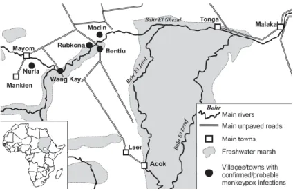 Figure 10: Distribution géographique des cas de MPX dans l’Etat d’Unity au Soudan en 2005  (Formenty et al., 2010)