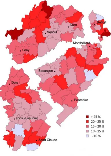 Figure 3 : Prévalence du surpoids dans les collèges de Franche‐Comté ‐ Norme Française &gt; 97 ème  percentile. 