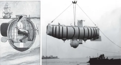 Figure 1.1 – Deux siècles séparent ces deux sous-marins : le Turtle [Bis16] à gauche et le Trieste à droite