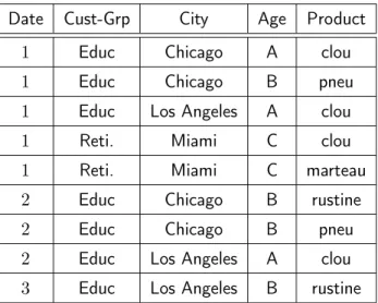 Tab. 1.1 – Base de données DB Date Cust-Grp City Age Product