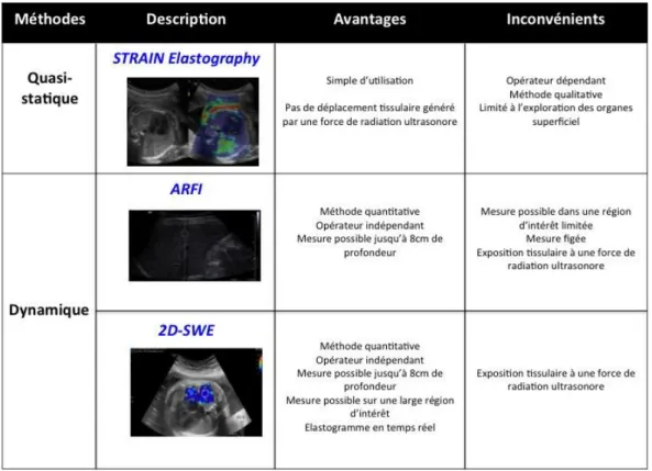 Figure 18 : Synthèse des différentes méthodes d’élastographie applicables à l’exploration du poumon  foetal 