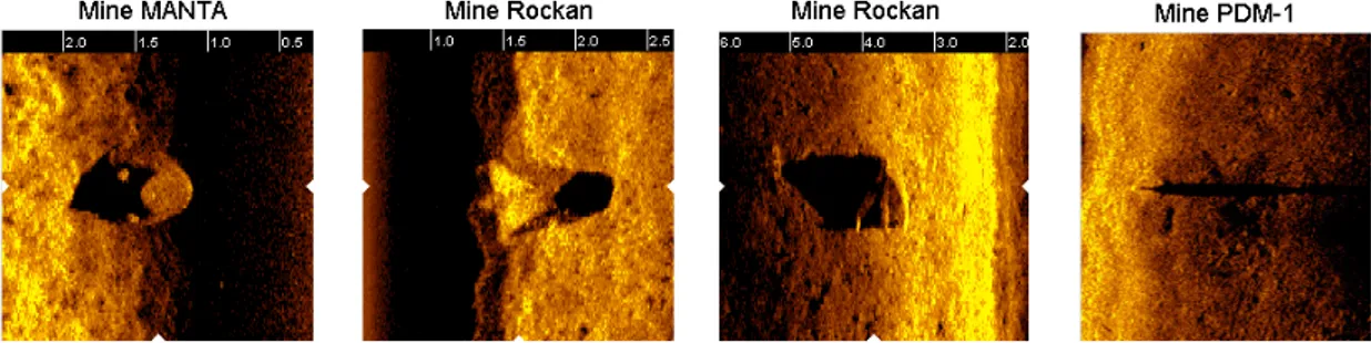 Fig. 1  Diérentes images acoustiques de mines obtenues avec un sonar à 2400kHz  Positionnement