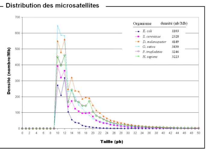 Fig. 2.1  Distribution de la densité des microsatellites (période 1 à 6) en fonction de leur taille, pour six organismes.