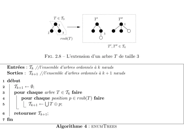 Fig. 2.8 – L’extension d’un arbre T de taille 3 Entr´ ees : T k //l’ensemble d’arbres ordonn´es `a k nœuds