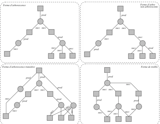 Fig. 2.26 – Quatre TM respectivement sous forme d’arborescence, d’arbre, d’arborescence transitive et de graphe sans circuit (les types et les noms sont absents des figures).