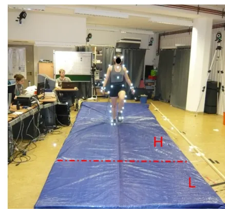 Figure 2.1 Compliant walking platform. The first part was characterized by high (H) ground stiffness, the second part by low (L) ground stiffness.