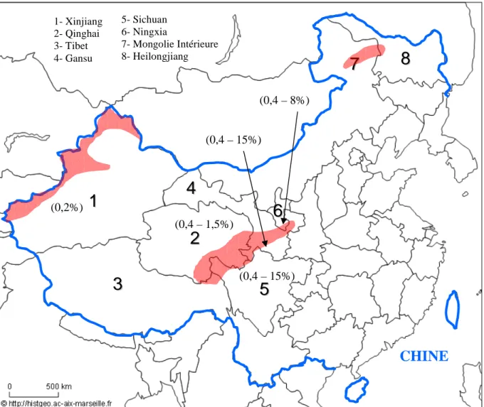 Figure 3 : Distribution des cas humains d’échinococcose alvéolaire en  République Populaire de Chine (ombrés rouges)