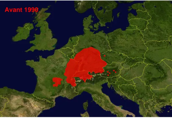 Figure 4 : Distribution spatiale du parasite E. multilocularis sur le territoire  européen avant 1990 (A), d’après (Eckert et al