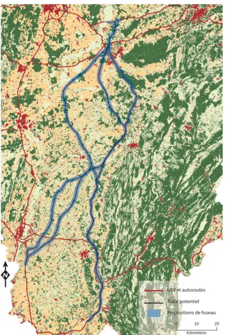 Figure 1. Fuseaux et tracés de la branche sud de la LGV Rhin-Rhône