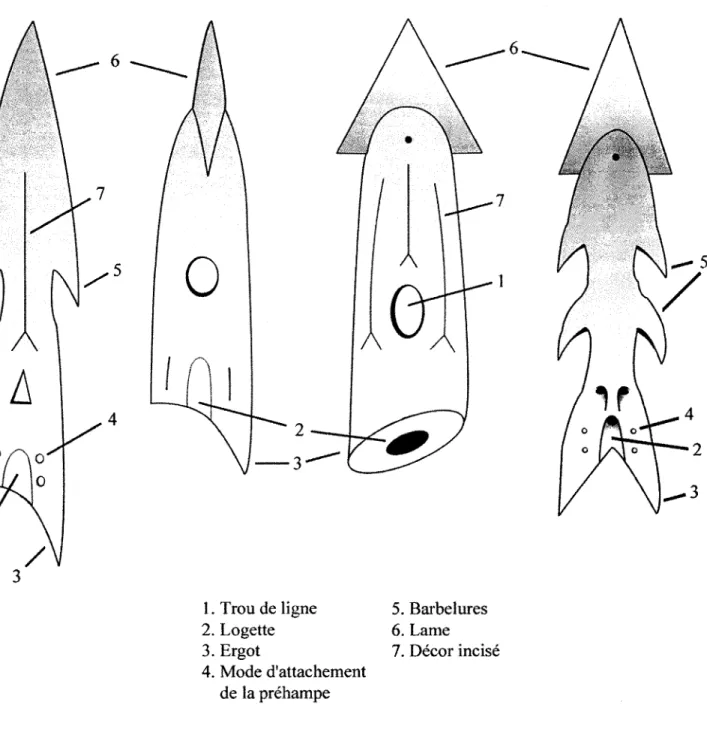 Figure  1:  Les divers attributs morphologiques  des têtes de harpons thuléens. 
