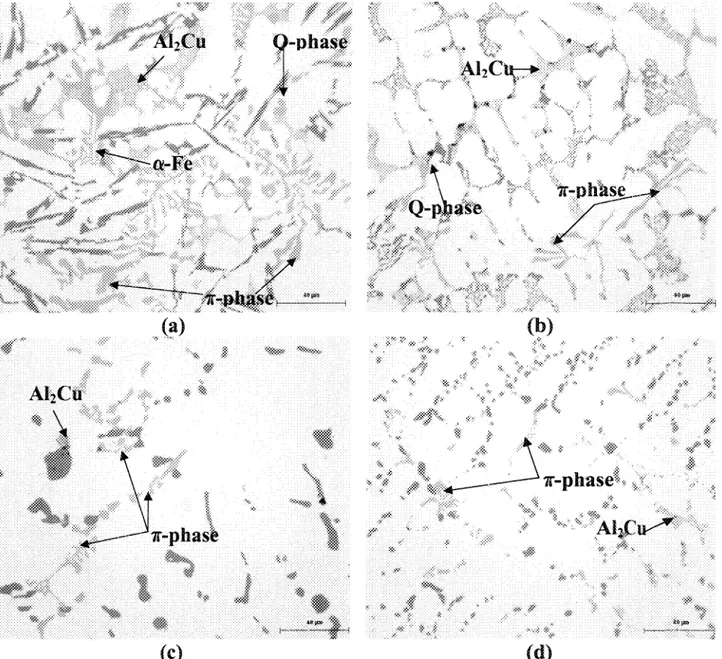 Figure 4.5 Optical microstractures observed in D7 industrial alloy samples obtained from star-like mold castings: (a) as-cast D7 alloy, (b) Sr-modified DS7 alloy, (c) SHT D7 alloy and (d) SHT and Sr-modified DS7 alloy.