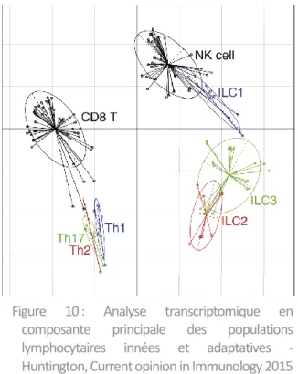 Figure  10 :  Analyse  transcriptomique  en  composante  principale  des  populations  lymphocytaires  innées  et  adaptatives  -  Huntington, Current opinion in Immunology 2015  