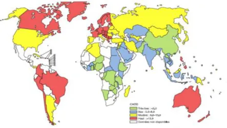 Figure 8.  Carie dentaire (CAOD) dans le monde chez les adultes de 35-44 ans [142] 
