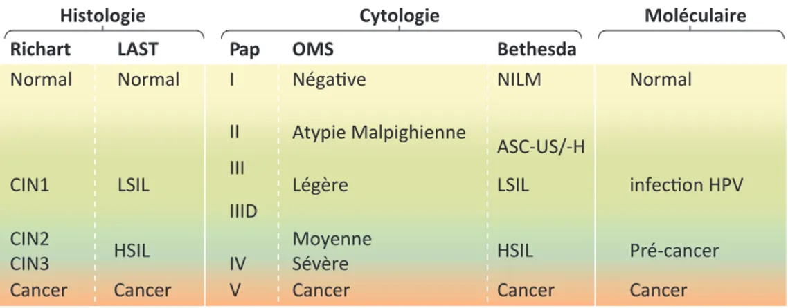 Figure 6 : Classification histologique et cytologique des lésions du col de l'utérus suivant les différents  systèmes