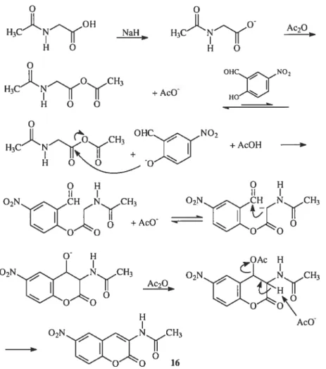 Figure 3.5 Mécanisme de synthèse du 3-acétamido-6-nitro[2H-1-benzopyran-2-one].