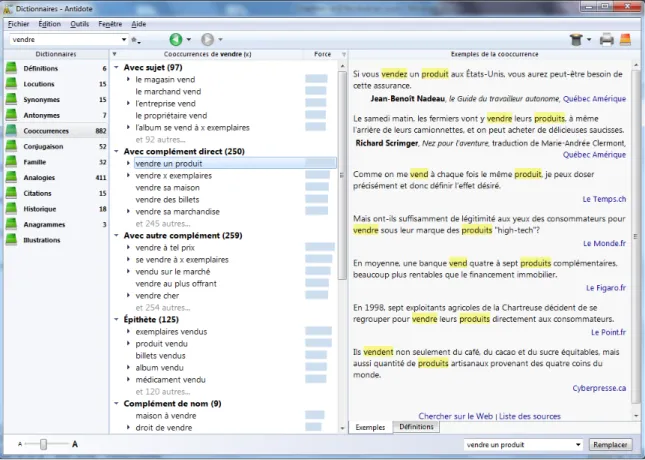 Figure 2.9 – Extrait de l’article  VENDRE  dans le   Dictionnaire de cooccurrences du logiciel Antidote 