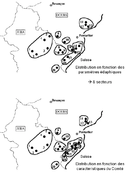 Figure A-5 : Comparaison de la distribution de 20 coopératives fromagères de la zone AOP Comté en fonction des  paramètres édaphiques (carte du haut) ou des caractéristiques sensorielles des fromages (carte du bas ; d’après Monnet  et al