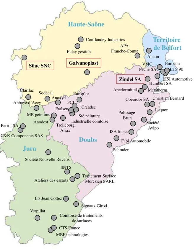 Figure 3.  Principaux établissements de traitement de surface en Franche-Comté (en encadré, les 3  sites industriels partenaires dans ce travail de thèse)