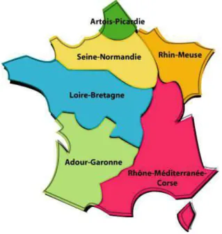 Figure 11.  Limites des bassins versants français des 6 agences de l’eau (CNRS 2013). 