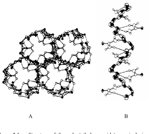 Figure 1.6.  Structure of the poly (ethylene oxide)-urea inclusion complex: (a) the  channel structure formed by the hydrogen bonded urea molecules and (b)  the association of PEO and urea molecules inside the channel