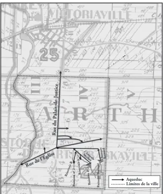 Figure 2.3  L’extension du réseau d’eau jusqu’aux limites  de Victoriaville et de Sainte-Victoire-d'Arthabaska  sur le lot n o  96 en 1908