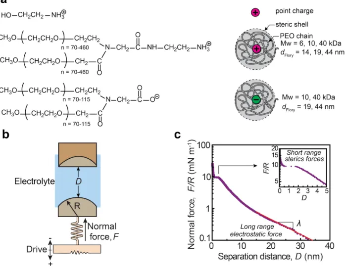 Figure  1.  (a)   Chemical   structure   of   the   anion   and   cation   used   as   soft   ions   with   their corresponding schematic representation (b) Schematic representation of the SFA setup used to assess electrostatic forces across soft ions solu