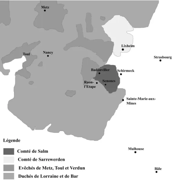 Figure 1 : La situation géographique du comté de Salm au sein du duché de Lorraine 