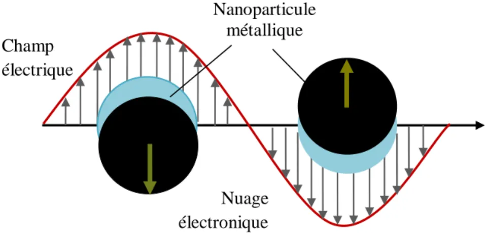 Figure  I.8.  Schéma  illustrant  l’action  d’un  champ  électromagnétique  sur  le  plasmon  d’une nanoparticule métallique, montrant le déplacement du nuage électronique par rapport  au centre de la nanoparticule
