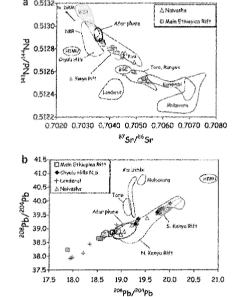 Figure 2 : Variations des isotopes radiogéniques dans les laves du Rift Africain, a) Corrélation  l43 Nd/ 144 Nd vs