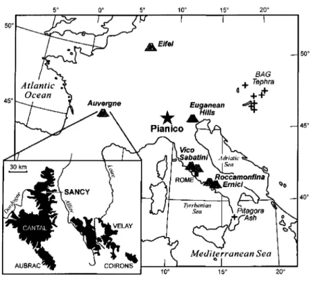 Figure 4 : Carte simplifiée de l'Europe et de la péninsule italienne avec la localisation de Piànico et des volcans italiens