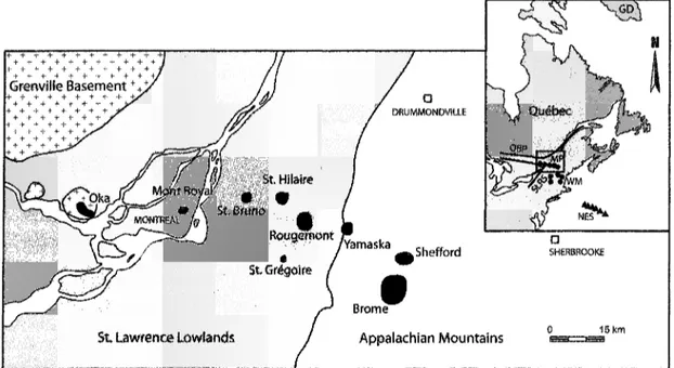 Figure 6 : Carte de la Province Magmatique des Monteregiennes montrant la distribution des intrusions crétacées, accompagnée d'une carte simplifiée de l'Est de l'Amérique du Nord