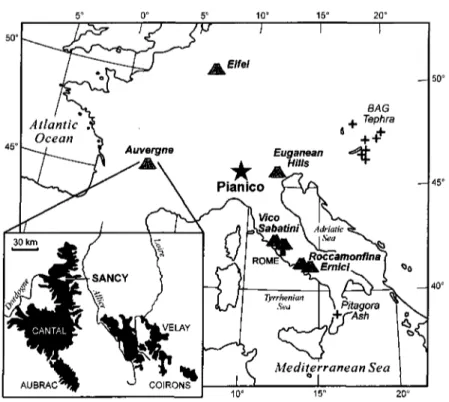 Figure 1. Simplified map of Europe and the Italian Peninsula with the location of Piànico, tephra layers (Pitagora Ash and Bag tephra) and volcanic centers discussed in the text