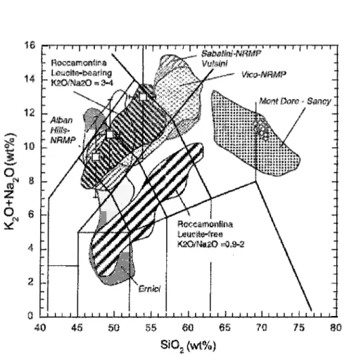 Figure 3. LOI-free TAS diagram (Le Maitre, 1989) for the t21d tephra (small circles), t32 (squares) compared to the chemical composition of volcanic rocks from the Northern Roman