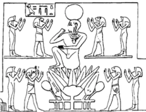 Fig. 13 L’Ogdoade en adoration du soleil  naissant. Sanctuaire du temple d’Amon  à Hibis, mur sud (d’après N