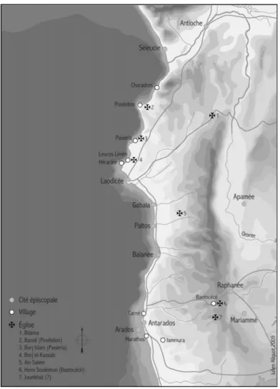 Fig. 3. Cités, villages et églises rurales de la Syrie côtière dans l’Antiquité tardive (carte J
