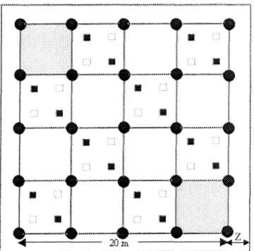 Figure 2 : Subdivision du dispositif d'échantillonnage permanent de 400 m*&#34;. Dynamique de la strate arborescente; 400 m 2  et Z ; zone tampon de 2,5 m 2 