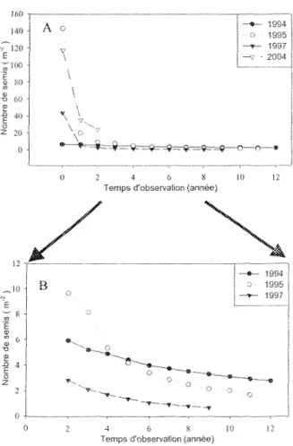 Figure 5 : A) Nombre de semis de sapin baumier (m&#34;&#34;) des différentes cohortes en fonction du temps écoulé depuis leur gennmation (sauf 1994)