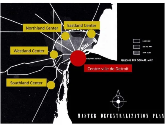 FIG . 1 – Plan de décentralisation et de marketing de la ville-région de Detroit, réalisé par Gruen pour la compagnie J