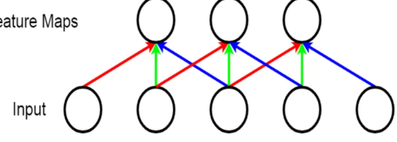 Figure 1.3. The illustration of convolution calculation. Weights of the same colour are identical