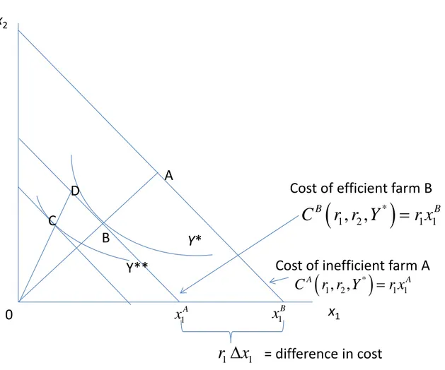 Figure 3. Cost to produce Y* units of output for technically and allocatively efficient farm B and   technically inefficient farm A whose efficiency level is OB/OA with  x 1  and  x 2  denoting the  quantities of inputs used and  r 1  and  r 2  being input